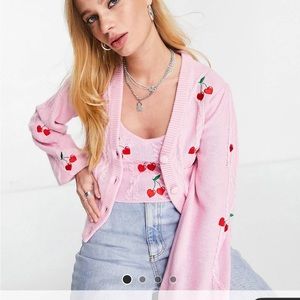 Reclaimed Vintage inspired cable cardigan with cherry embroidery- never worn sz6